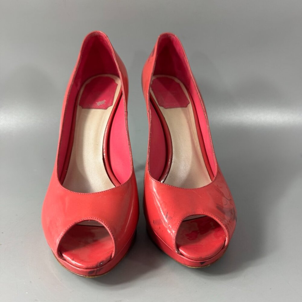 Dior Miss Dior Pink Coral Patent Leather Peep Toe Stiletto Heels Pumps size 38.5 - Picture 3 of 13